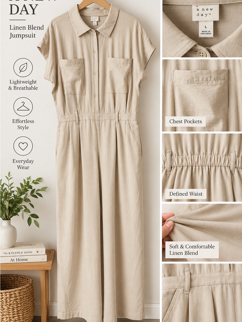 a new day™ Women's Linen-Blend Beige Jumpsuit size L like a New